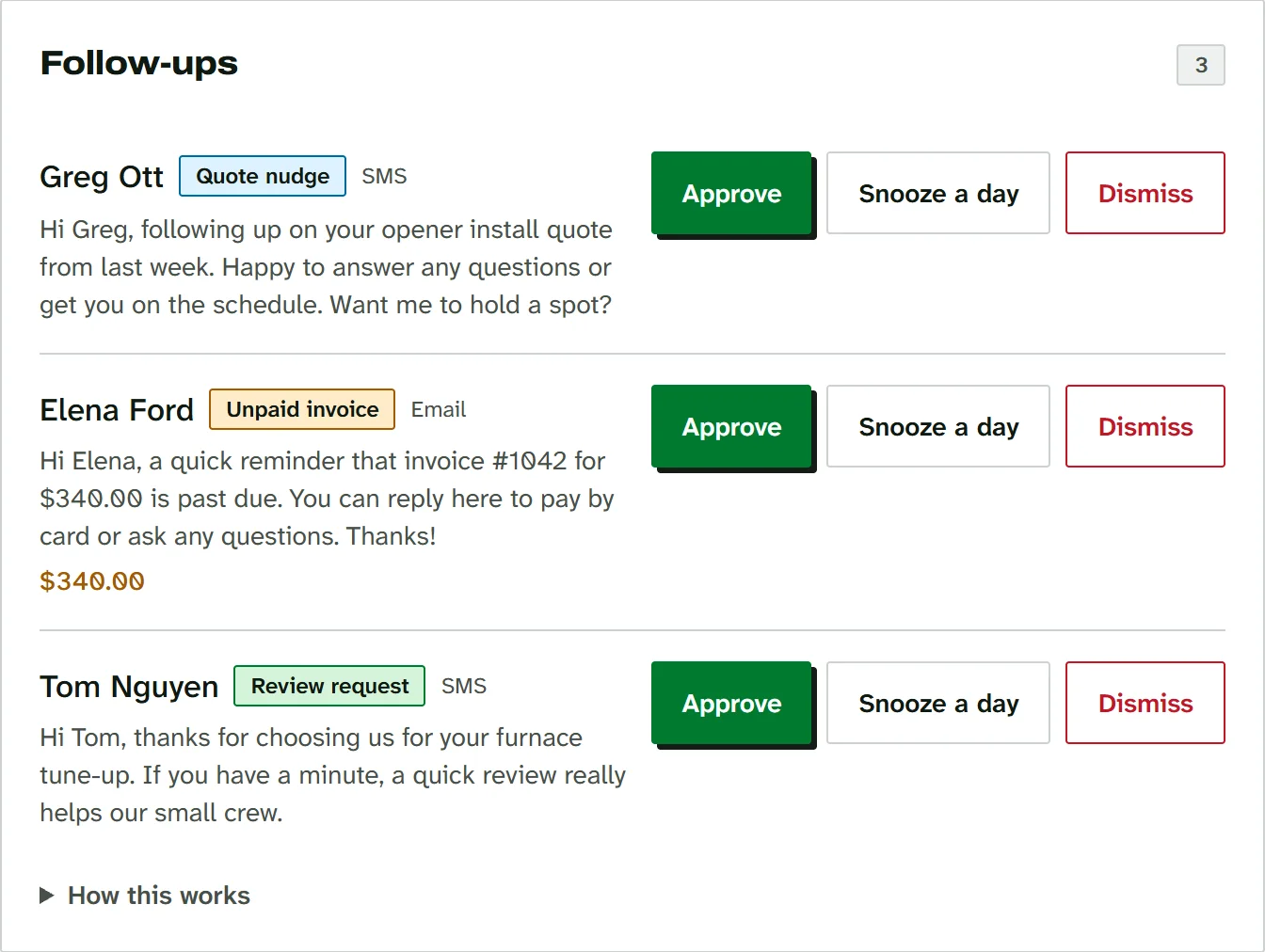 Three follow-ups due: a quote nudge, an unpaid invoice reminder and a review request, each with Approve, Snooze a day and Dismiss buttons.