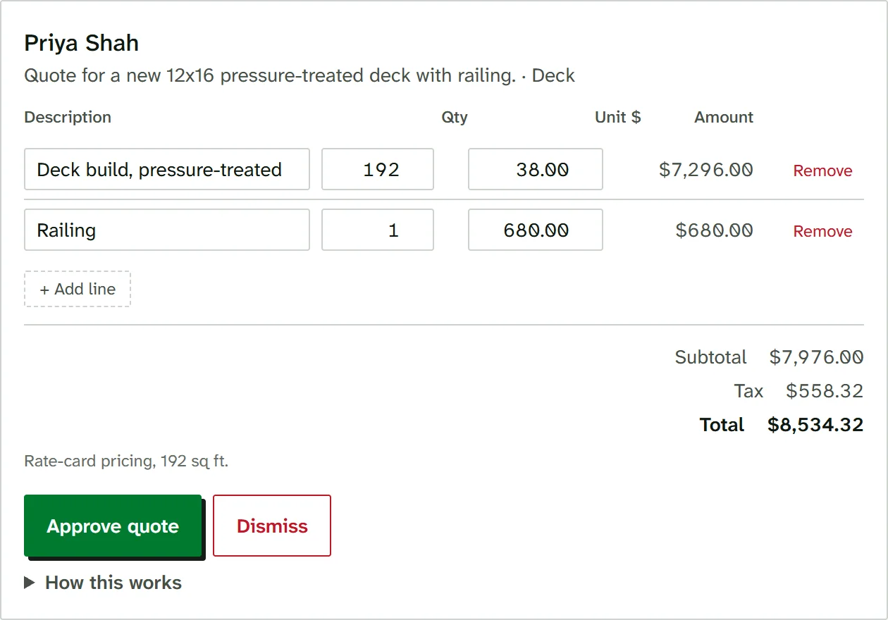 A two-line deck quote with subtotal, tax and total, waiting on the owner's Approve quote button.